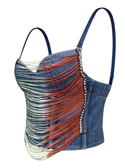 Women Short Tank Tops Striped Tassel Sling Chain Denim Vest Beading Perform Streetwear Spring