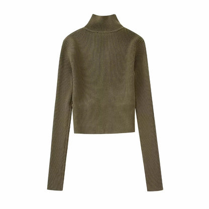 Women Fashion Front Cut Out Knit Crop Sweater Vintage Mock Neck Long Sleeve Female Pullovers Chic Tops