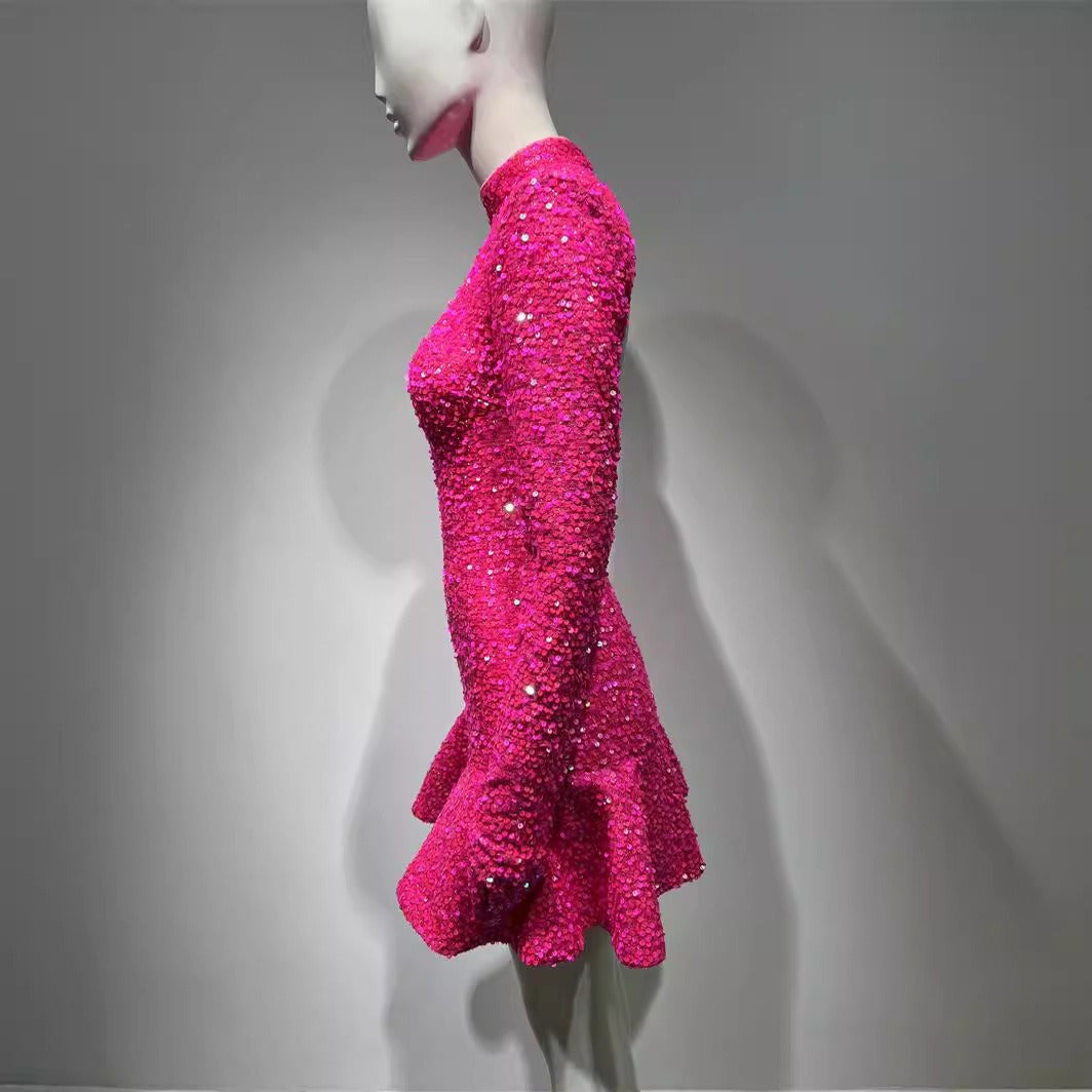 Fashionable sleeveless sexy backless rose red sequin dress sweet party dinner dress