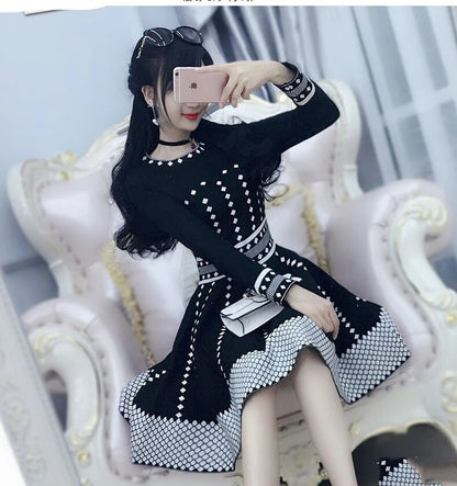 Winter Autumn Lady Fashion Plaid A Line Kniting Mini Short Dress Slim Fit Above Kneed Knitted Dresses Vestidos Casual