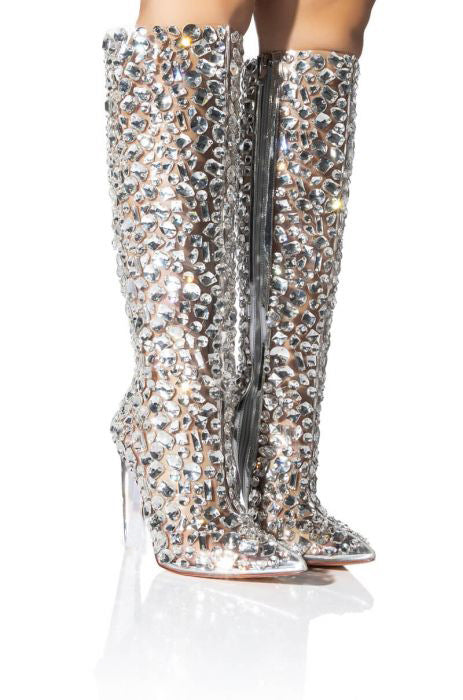 Clear Crystal Heeled Thigh High Boots Luxury Rhinestone Gemstones Fashion Catwalk Stage Roman Shoes Transparen Boots Women