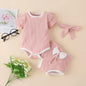 Autumn and winter foreign trade children's clothing solid color pit striped cotton long-sleeved romper with bowknot trousers three-piece suit