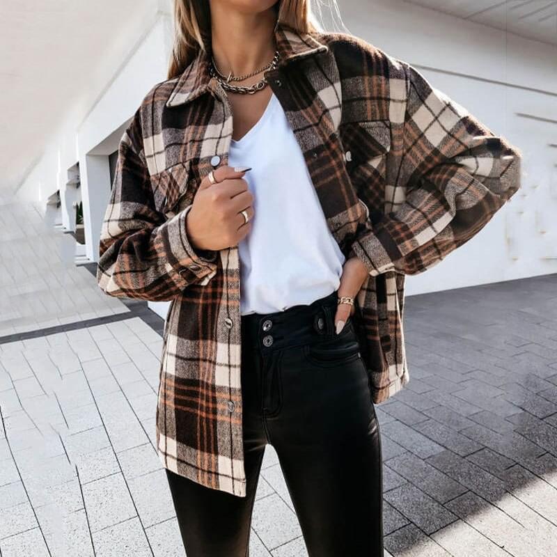 Autumn Long Plaid Jacket Women Coat Overshirt Winter Checkered Jacket Female Long Sleeve Shirt Jacket For Women