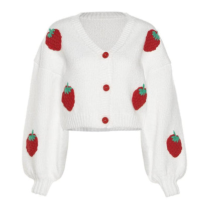 Autumn and Winter New Women's Fashion Design Single breasted V-neck Knitted Cardigan Strawberry Long Sleeve Sweater