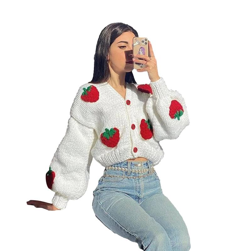 Autumn and Winter New Women's Fashion Design Single breasted V-neck Knitted Cardigan Strawberry Long Sleeve Sweater