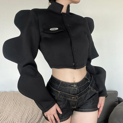 Autumn and Winter New Women's Fashion Stand Collar Single breasted Creative Lantern Sleeve Jacket