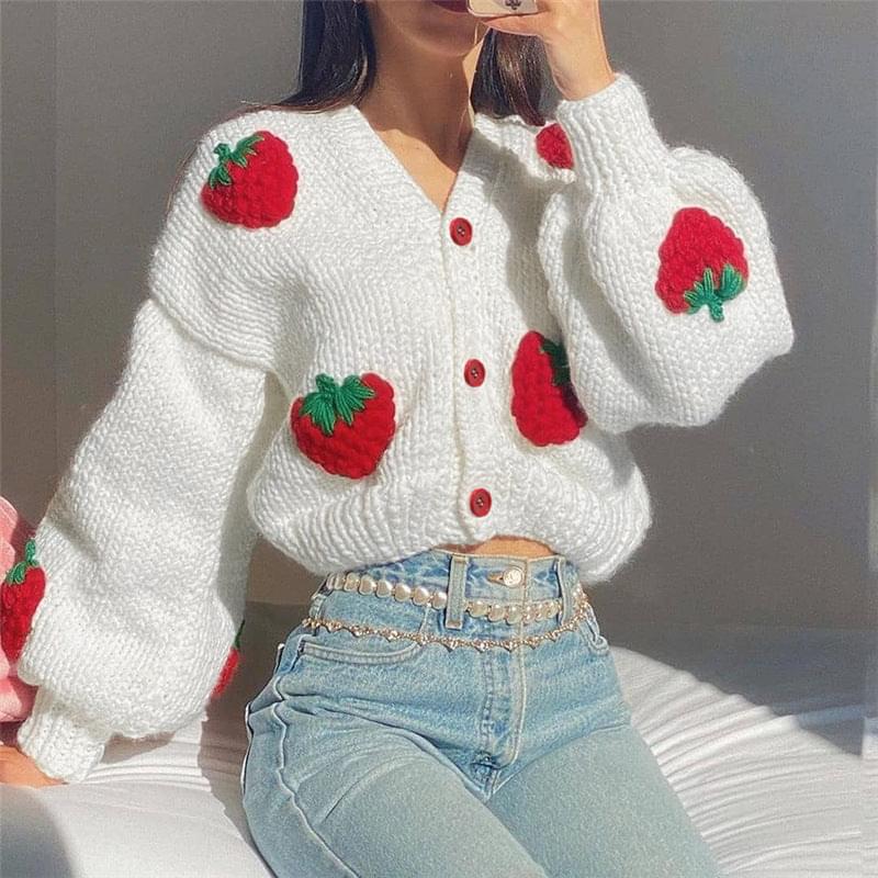 Autumn and Winter New Women's Fashion Design Single breasted V-neck Knitted Cardigan Strawberry Long Sleeve Sweater