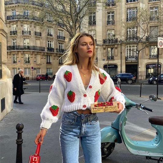 Autumn and Winter New Women's Fashion Design Single breasted V-neck Knitted Cardigan Strawberry Long Sleeve Sweater