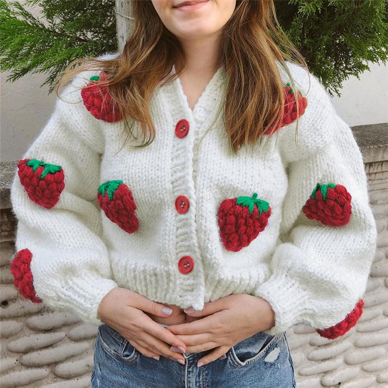 Autumn and Winter New Women's Fashion Design Single breasted V-neck Knitted Cardigan Strawberry Long Sleeve Sweater