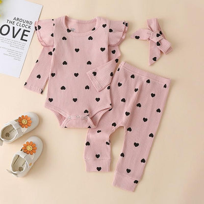 Autumn Girl Casual Hang Striped Multicolor Long Sleeve Romper Love Print Three-piece Set