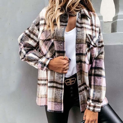 Autumn Long Plaid Jacket Women Coat Overshirt Winter Checkered Jacket Female Long Sleeve Shirt Jacket For Women