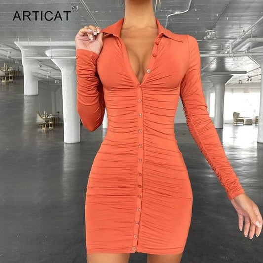 Articat New Autumn Casual Women's Dresses Vintage Bodycon Single-breasted Summer Dress Simply Ruched Y2K Women's Clothing