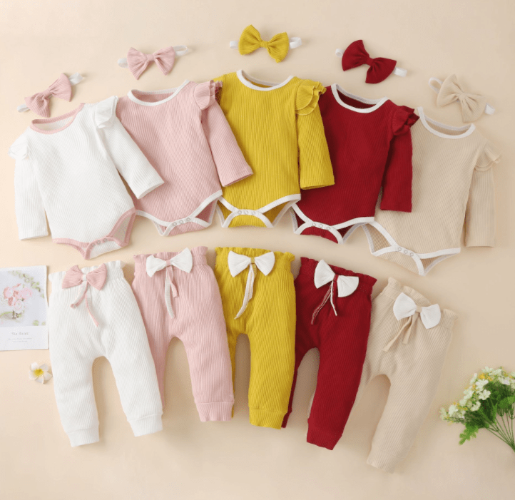 Autumn and winter foreign trade children's clothing solid color pit striped cotton long-sleeved romper with bowknot trousers three-piece suit