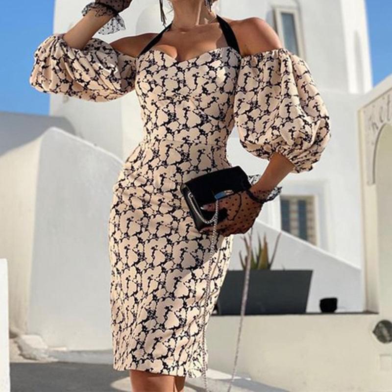 Autumn And Winter Women's Lantern Sleeves Halter Neck Slim Print Hip Sexy Dress