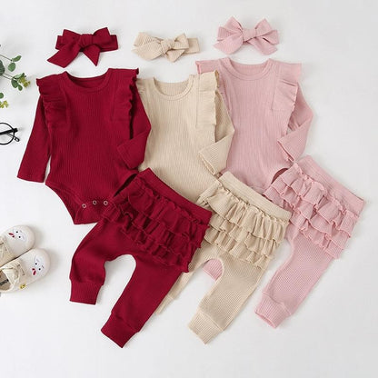 Autumn children's clothing girls casual pink long-sleeved lace-sleeved romper three-piece suit with bow headdress