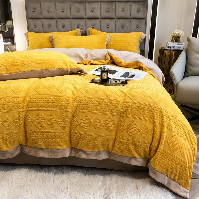 Autumn winter European velvet four-piece warm thick carved double-sided coral velvet bedding