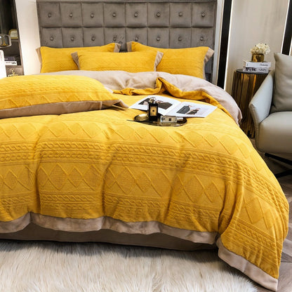 Autumn winter European velvet four-piece warm thick carved double-sided coral velvet bedding