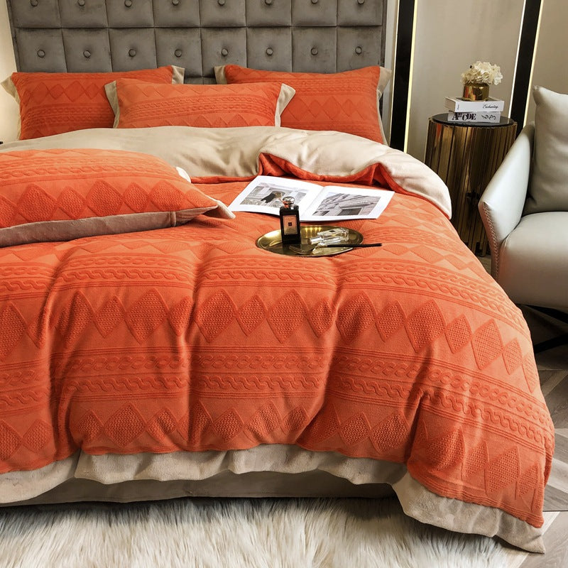 Autumn winter European velvet four-piece warm thick carved double-sided coral velvet bedding