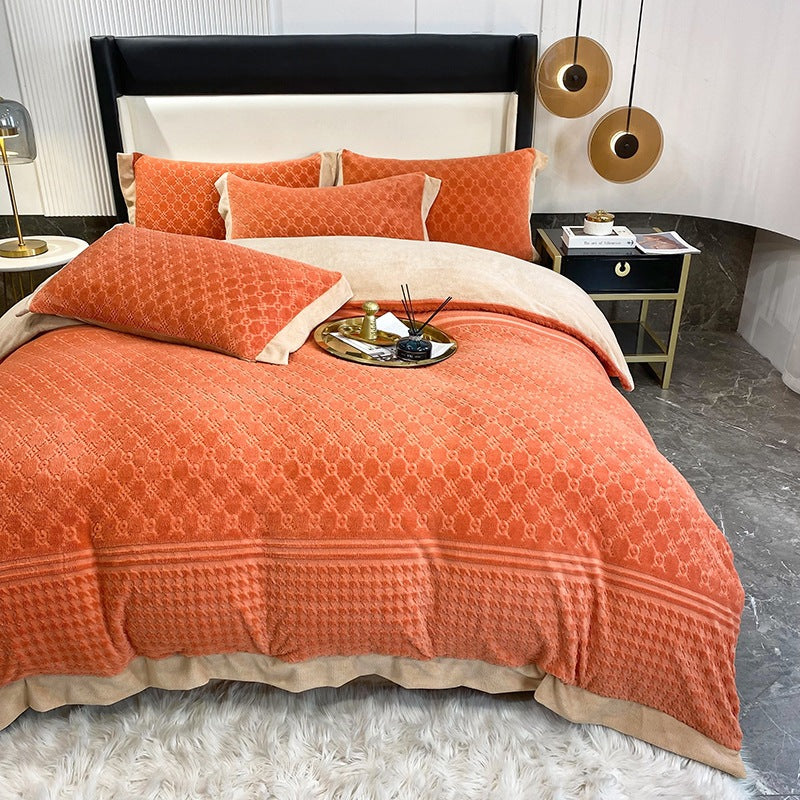 Autumn winter European velvet four-piece warm thick carved double-sided coral velvet bedding