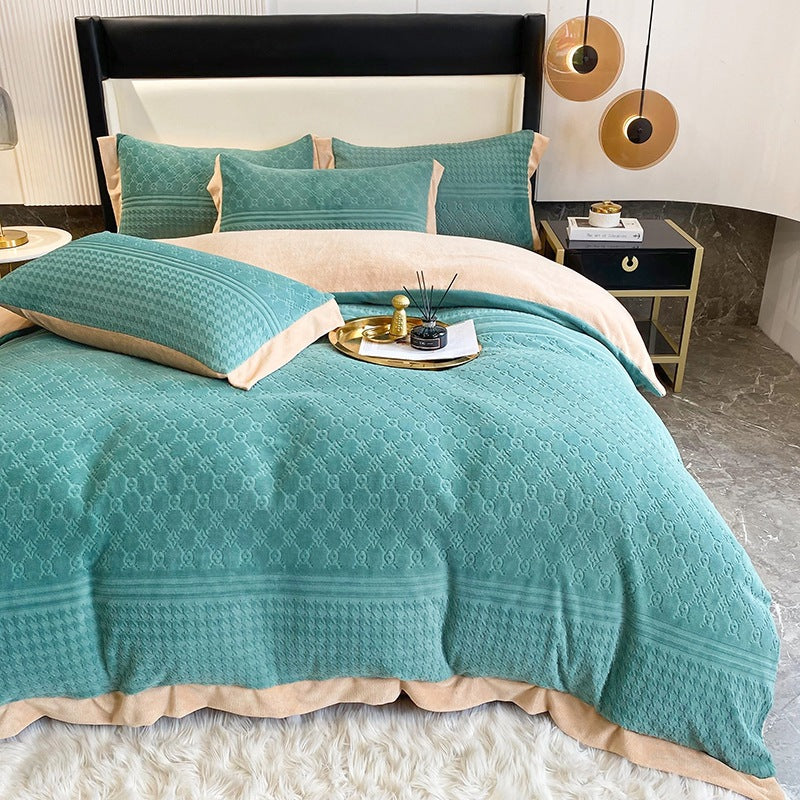 Autumn winter European velvet four-piece warm thick carved double-sided coral velvet bedding