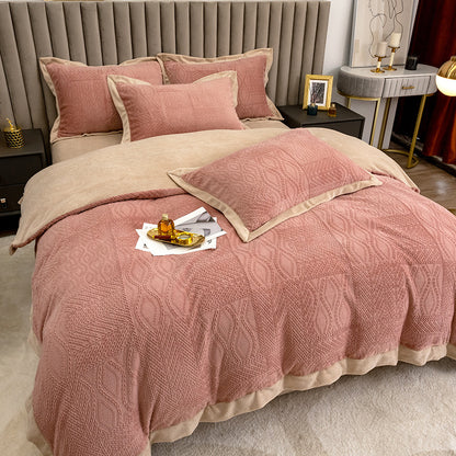 Autumn winter European velvet four-piece warm thick carved double-sided coral velvet bedding