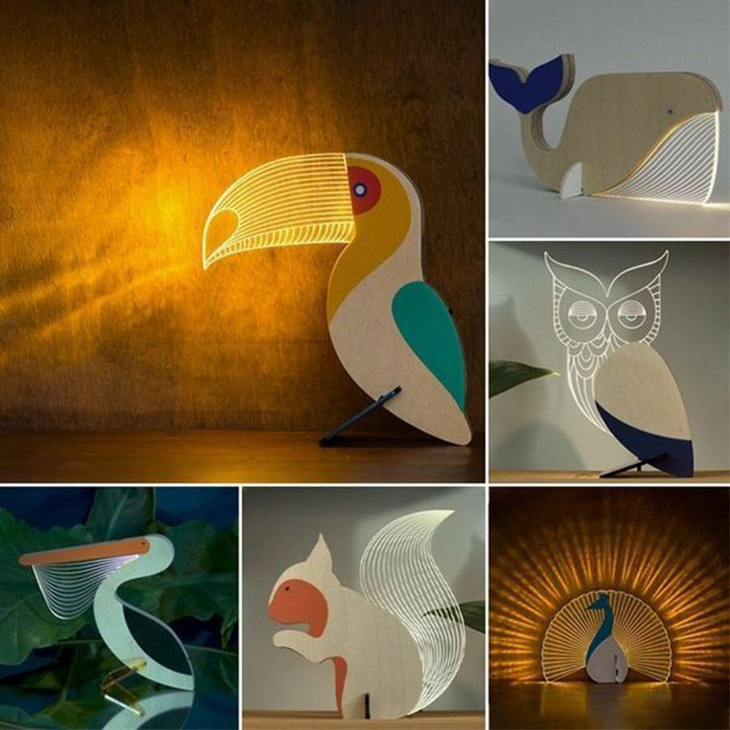 Animals LED Night Light Wood Acrylic Table USB Lights Decorate For Children Baby Kids Bedside Lamp Pelican Sirius Whale Toucan